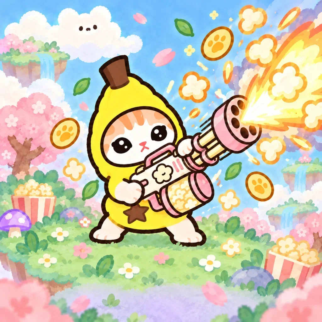 Banana Cat firing a popcorn blaster among flying paw coins and flowers