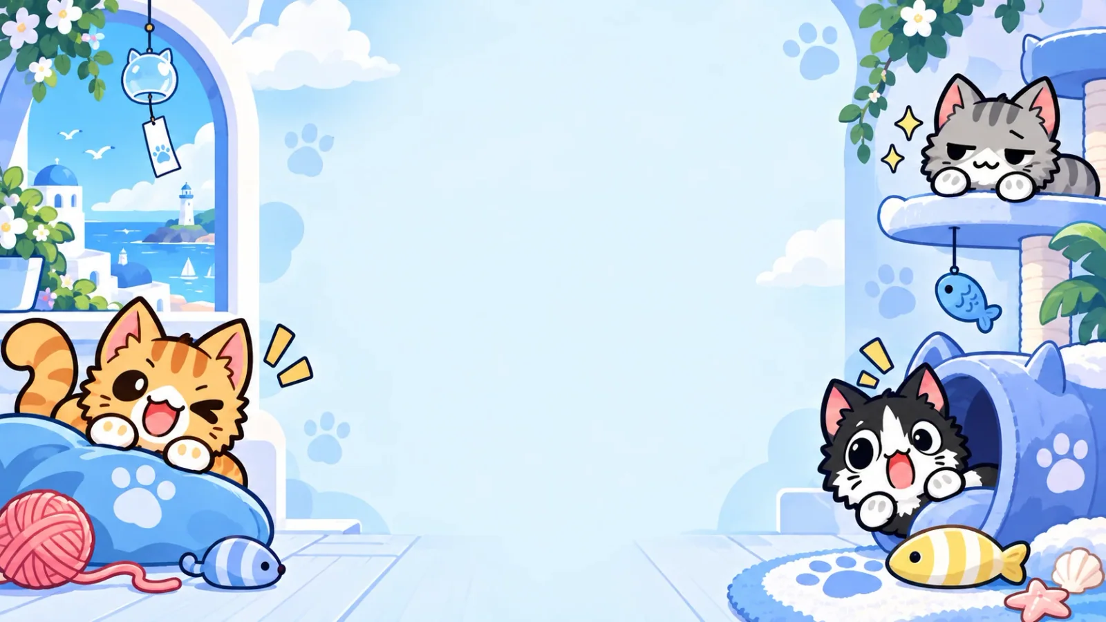 Orange, gray and tuxedo cats in Cat Dash’s blue playground