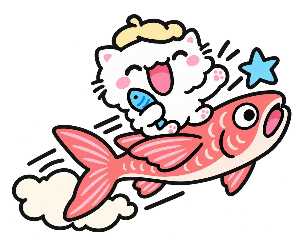 Sprout Cat riding a pink flying fish in Cat Doodle Jump