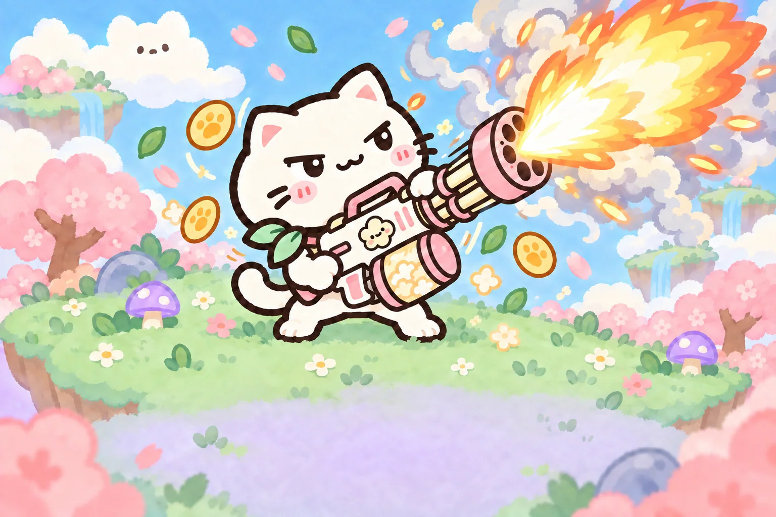 Biscuit firing a pink blaster among floating islands in Idle Cheeky Cat